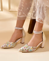 FLORETTA - Ivory White Embellished Block Heel