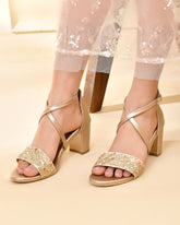 AURA - Champagne Gold Strappy Block Heel