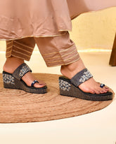 ZARA - Dark Blue Beaded Embroidered Wedges