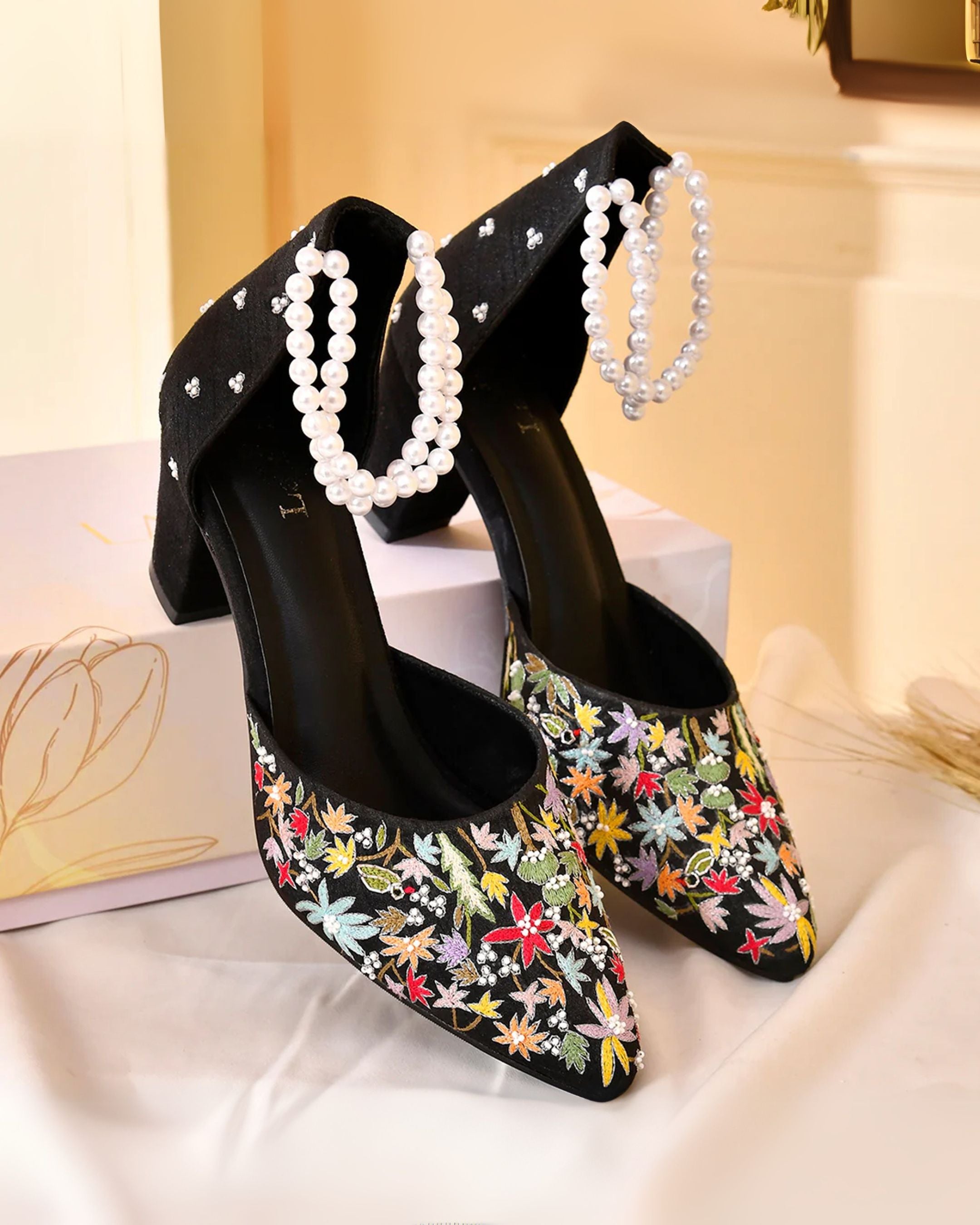 NOCTURNE - Coal Black Embellished Block Heel