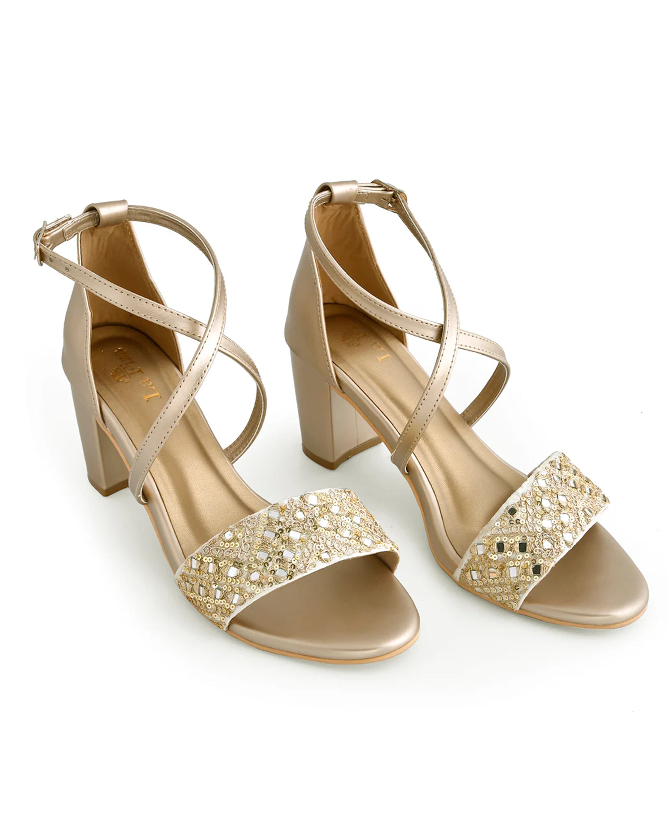AURA Champagne Gold Strappy Block Heel - Main Image