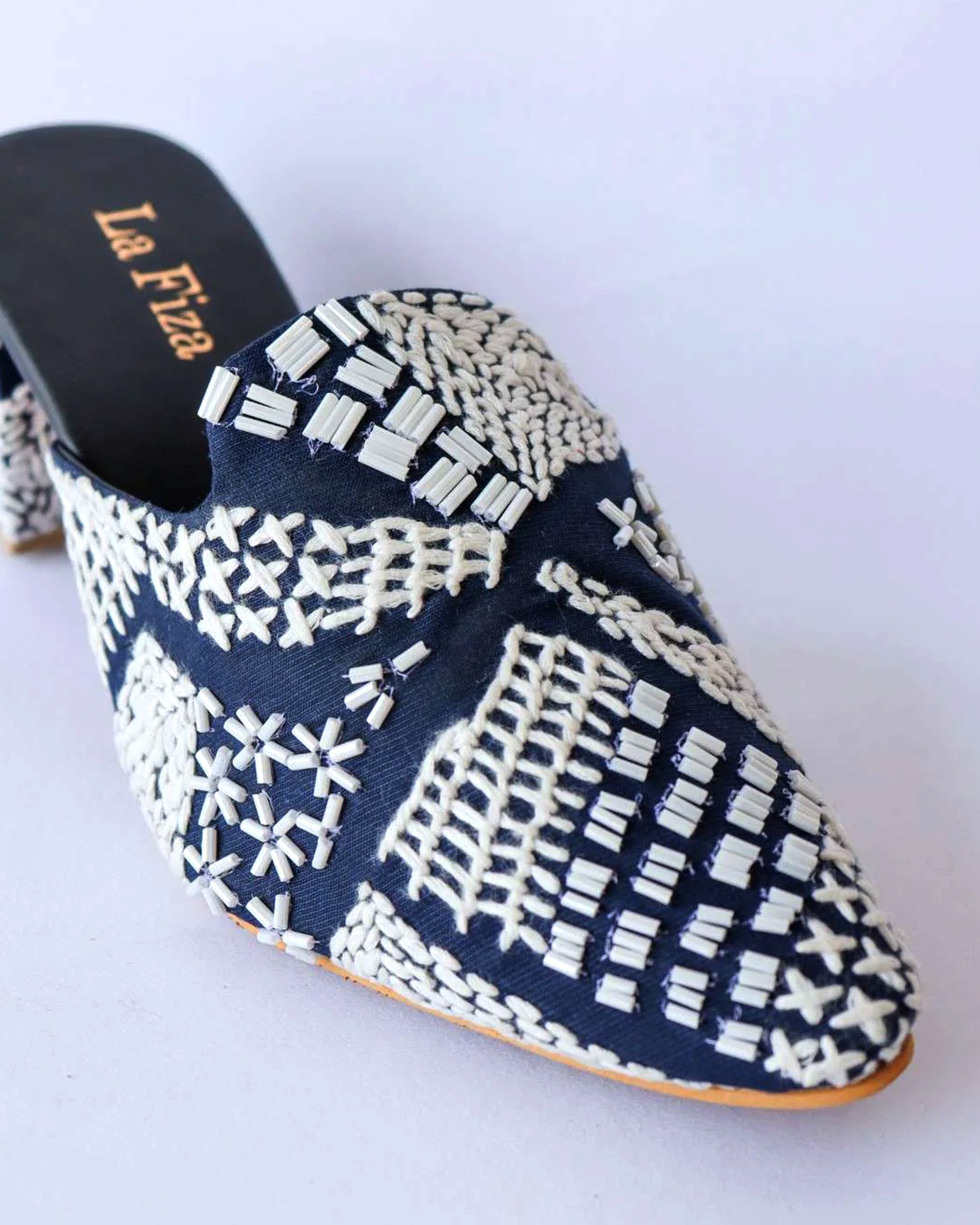 ADINA - Navy & White Embroidered Heel