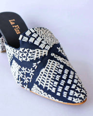 ADINA - Navy & White Embroidered Heel