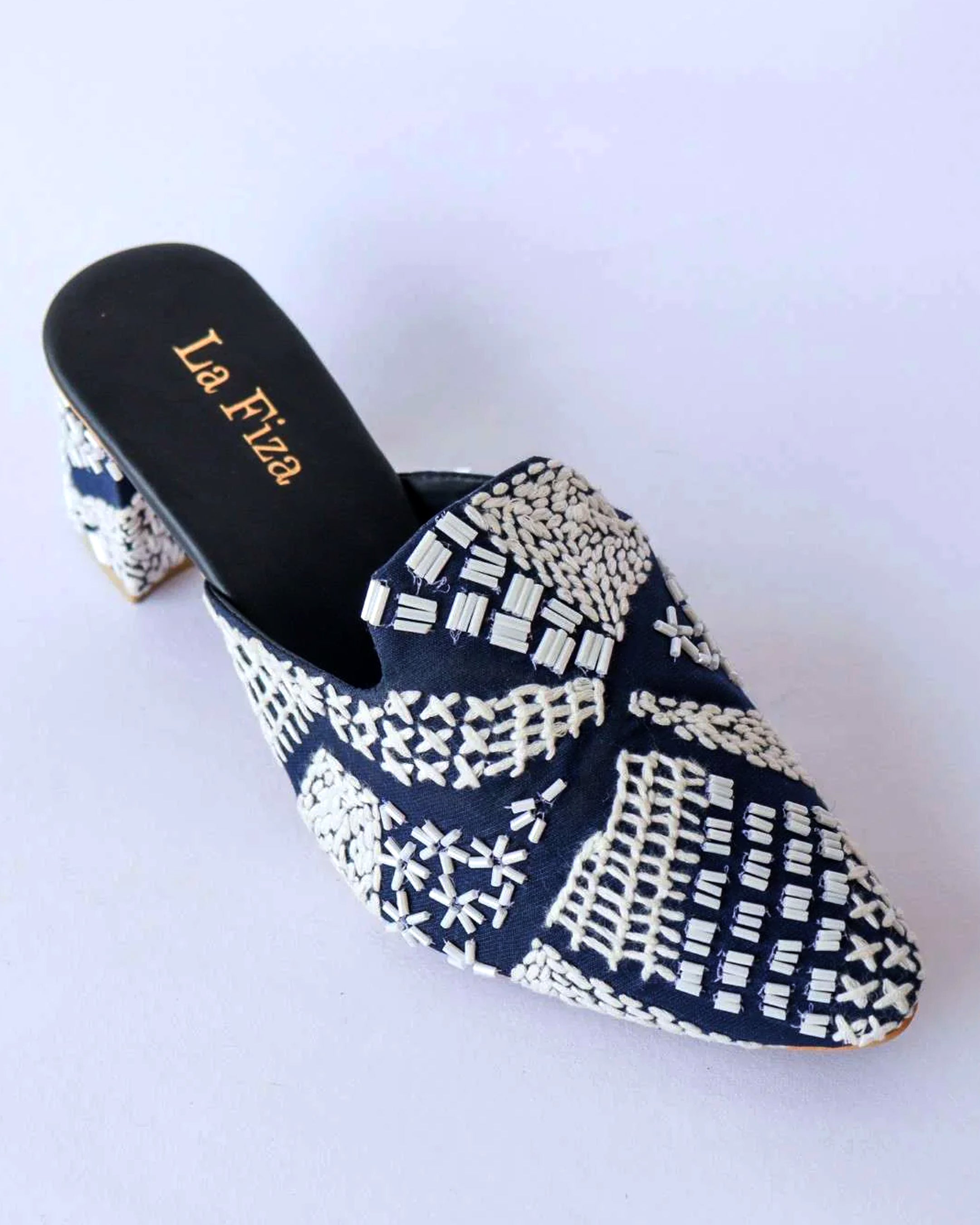 ADINA - Navy & White Embroidered Heel