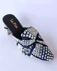 ADINA - Navy & White Embroidered Heel