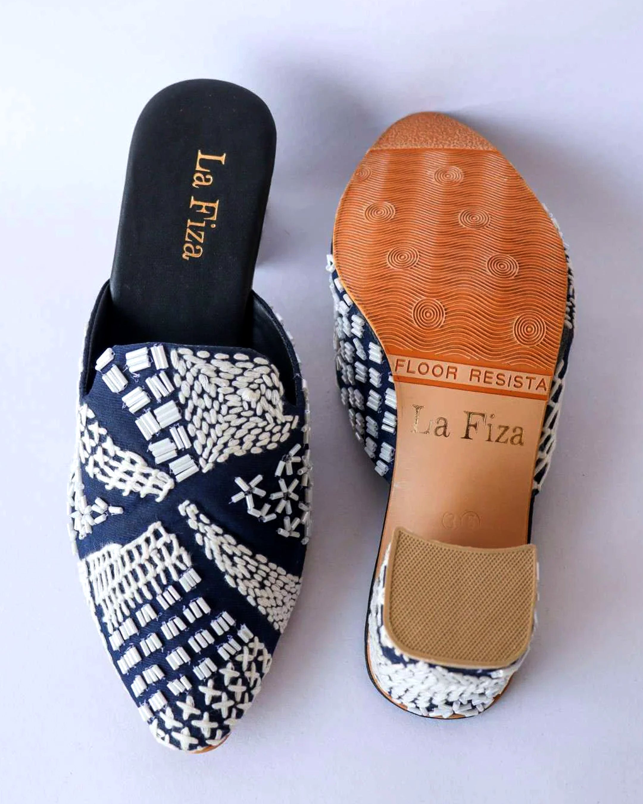 ADINA - Navy & White Embroidered Heel